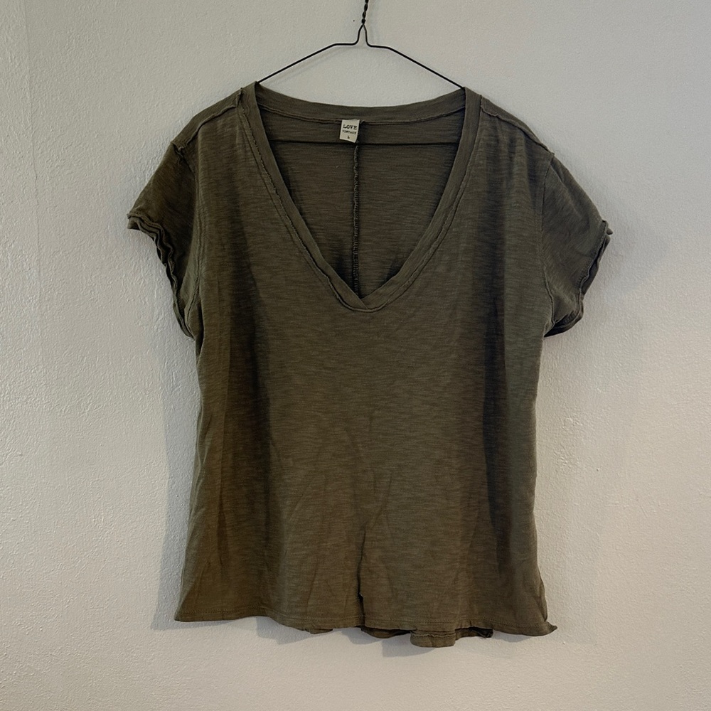 Love Vintage Military Olive V-Neck Short Sleeve Tee